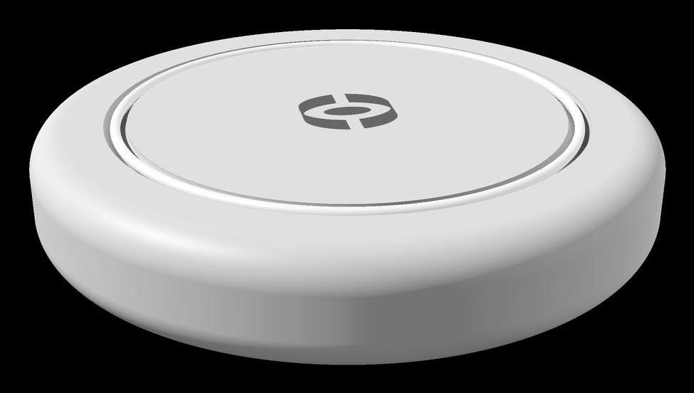Puck, the Round ceiling access point: a matte white disc with a recessed ring and the Round mark in the centre.